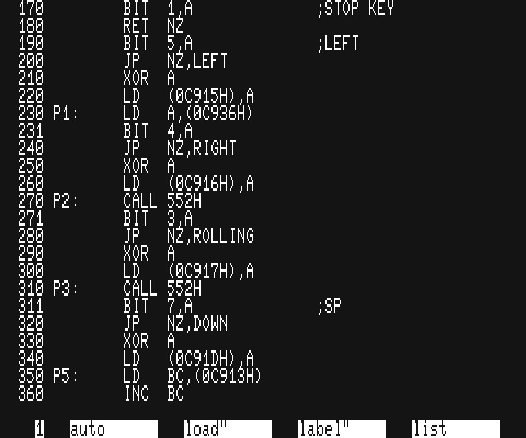 PC-6601SR・PC-6001mk2SR上で動くSRアセンブラの画面。自作ゲームの一部。
(assembler,マシン語,アセンブラ)