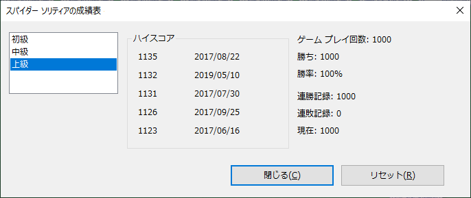スパイダーソリティア(spider solitaire)の上級で1000連勝