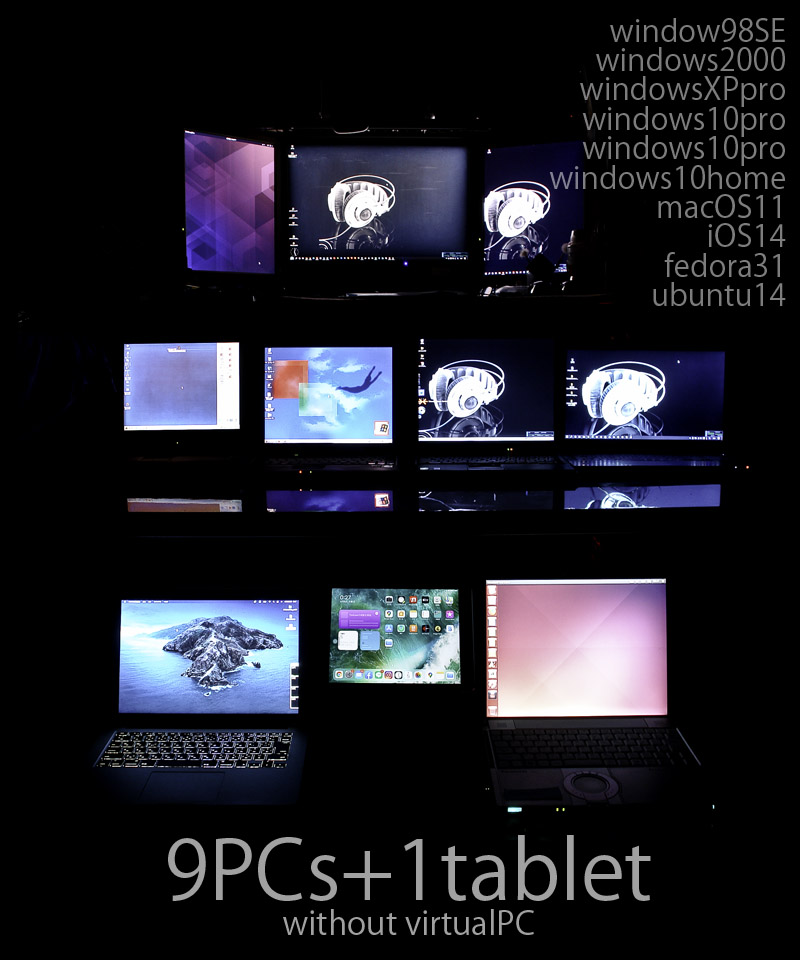 windows98SE、windows2000 professional、windowsXP professional（SP3)、windows10pro2台、windows10home 、MacOS11(big sur)、iOS14に加えてlinuxのfedora31とubuntu14の9PCと1タブレットを並べてみました